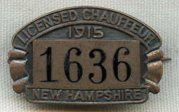 Rare 1915 New Hampshire Licensed Chauffeur Badge #1636