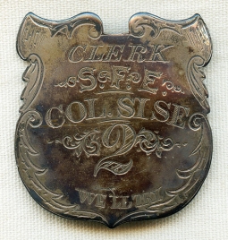 Ca 1880 Portsmouth Fire Dept Col Sise Steam Fire Engine No 2 Clerk Hand-Engraved Silver Badge