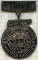 Beautiful 1886 25 Mile Bicycle Road Race Medal in Coin Silver, Hand-Engraved & Enameled
