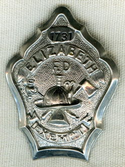 Beautiful 1890's Elizabeth, New Jersey Fire Department Exempt Fireman's Badge
