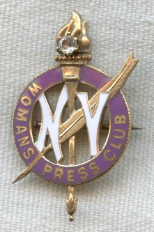 Named Circa 1890s New York Woman's Press Club Membership Badge in 14K with Diamond