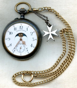 1890s Swiss Calendar & Moon Phase Pocket Watch in Steel & 14K with Knights of Malta Charm