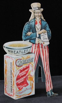 Wonderful 1890's Uncle Sam Advertising Stand-Up Die-Cut Litho for Wheatlet Breakfast Cereal