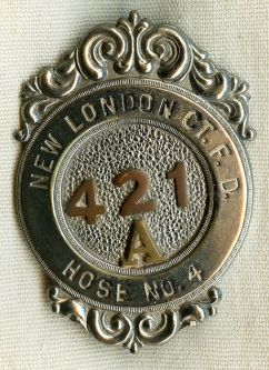 Nice Ca. 1900's - 1910's New London, Connecticut Fire Dept. Badge for Konomoc Hose Co. #4
