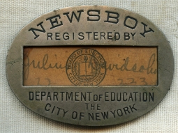 Wonderful ca 1900 New York City Newsboy Badge with Original Insert & Celluloid