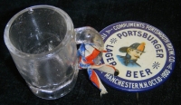Fabulous Circa 1900 Portsburger Lager Beer Celluloid Firemen's Muster Badge and Shot Glass