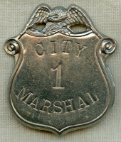 Great ca 1900 "Stock" Old West City Marshal #1 Badge in Hand-Stamped Nickel