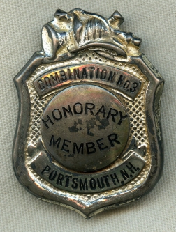Great 1910's - 20's Portsmouth, NH Fire Department Combination No. 3 Honorary Member Badge