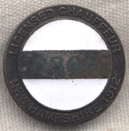 Rare 1912 New Hampshire Licensed Chauffeur Badge #0366