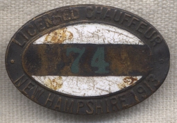 Great 1913 New Hampshire Licensed Chauffeur Badge #74