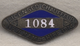 Great 1914 New Hampshire Licensed Chauffeur Badge #1084