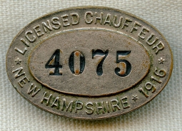 1916 New Hampshire Licensed Chauffeur Badge #4075
