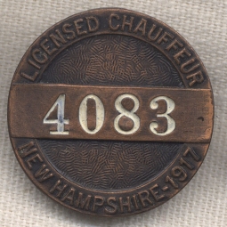 Great 1917 New Hampshire Licensed Chauffeur Badge #4083