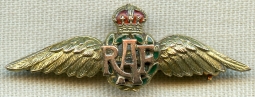Beautiful Late WWI, Ca. 1918, 9 Carat Gold RAF Sweetheart Wing with Enameled Crown & Wreath