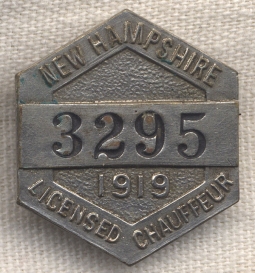 Beautiful 1919 New Hampshire Licensed Chauffeur Badge #3295