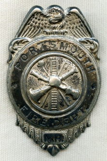 1920's - 1930's Portsmouth, New Hampshire Fire Department Badge in Silver Plated Nickel