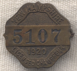 Beautiful 1920 New Hampshire Licensed Chauffeur Badge #5107