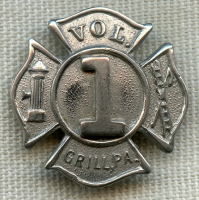 Cool 1920's - 30's Fire Lapel Badge From Defunct Grill, Pennsylvania Vol. Fire Co. #1
