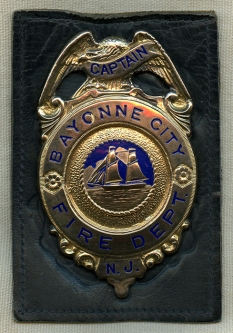 Gorgeous Ca. 1920's Bayonne City, NJ Fire Captain's Gold Front Badge