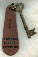 Great Vintage 1920's Rockingham Hotel Portsmouth, NH Room Key & Fob. Room #1