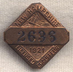Beautiful 1921 New Hampshire Licensed Chauffeur Badge #2696