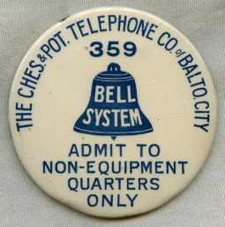 Great 1930's Chesapeake & Potomac Telephone Co. of Baltimore City Huge Employee Access Badge
