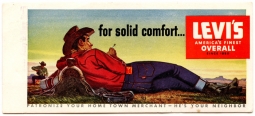 Mint, Unused Circa Late 1940s Levi's Advertising Ink Blotter with Reclining, Smoking Cowboy