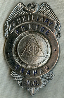 Cold War 1950's Civil Defense Auxiliary Police Badge from Graham, North Carolina