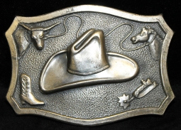 Great Vintage ca 1950 Whimsical Cowboy Buckle in Silver-Plated Copper