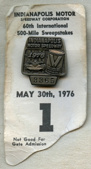 Great 1976 Indy 500 Pit Pass/Badge on Original Issue Card