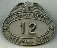 1920's - 30's US Post Office Letter Carrier Hat Badge from Keene, NH Walter & Sons, NY