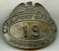 1920's - 30's US Post Office Letter Carrier Hat Badge from Auburn, NY by Walter & Sons