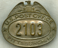 1920's - 30's Pittsburgh, PA Letter Carrier Hat Badge #'d 2103 by N.C. Walter & Sons, NY