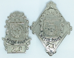 Extremely Rare 1920s San Antonio Texas City Motor Police (Motorcycle Police) Badge & Hat Badge #23