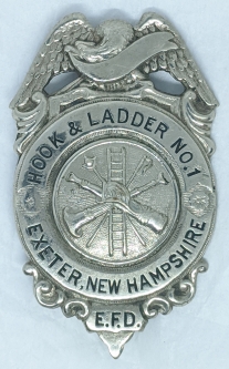 Great Old 1920's - 30's Exeter, NH Hook & Ladder Co. No.1 Fire Badge by Spencer