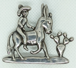 Wonderful Whimsical Early 1950s Silver Mexican on a Burro Brooch by Gerardo Lopez