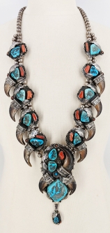 Incredible Over-The-Top Zuni Silver Coral Bear Claw & Kingman Turquoise Squash Blossom ca 1960-70