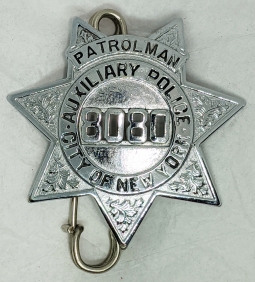 Rare 1960s New York City Aux Police Patrolman Badge #8080