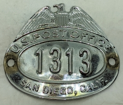 Late 1940's US Post Office Hat Badge from San Diego CA #1313