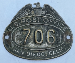 1941 Dated US Post Office Hat Badge from San Diego CA #706