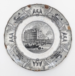Wonderful Late 1830's Great Fire of New York City, 1835 Staffordshire Transporter wore Plate View fr