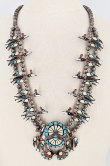 Incredible 1950s-60s Zuni Silver Turquoise Coral Water Bird Squash Blossom Necklace by Fred Bowannie