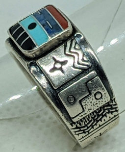Vintage 1990s-00s Kewa Pueblo Silver Ring with inlay Kachina Face by Award Winning Artist Roderick T