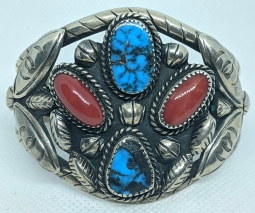 Beautiful Old Navajo Silver Cuff Bracelet Heavy Ornate with BISBEE Turquoise & Mediterranean Coral