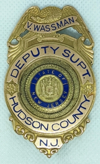 Beautiful 1950s Hudson Co NJ Deputy Superintendent Badge of Vincent Wassman in 10K GF by Nielsen