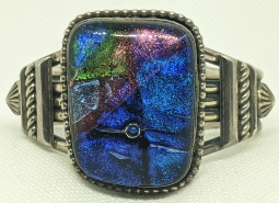Lovely Vintage 1980s-90s JEANNETTE DALE Heavy Navajo Silver Cuff with Art Glass Cabochon