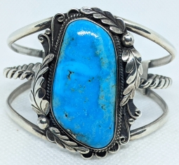 Vintage 1970s Navajo Silver Bracelet by Jimmy Patterson with Large, Lovely Morenci Turquoise Cab