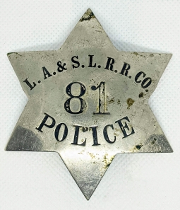 Wonderful Ca 1916 Los Angeles & Salt Lake Railroad Police Large 6 pt Star Badge by LARSCO