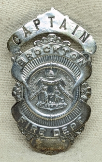 Beautiful Old Ca1900 Brockton MA Fire Dept Captain Badge in Coin Silver
