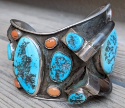 Incredible Over-The-Top 60s-70s Zuni Silver Kingman Turquoise Coral & Bear Claw Bracelet by Joe Zia